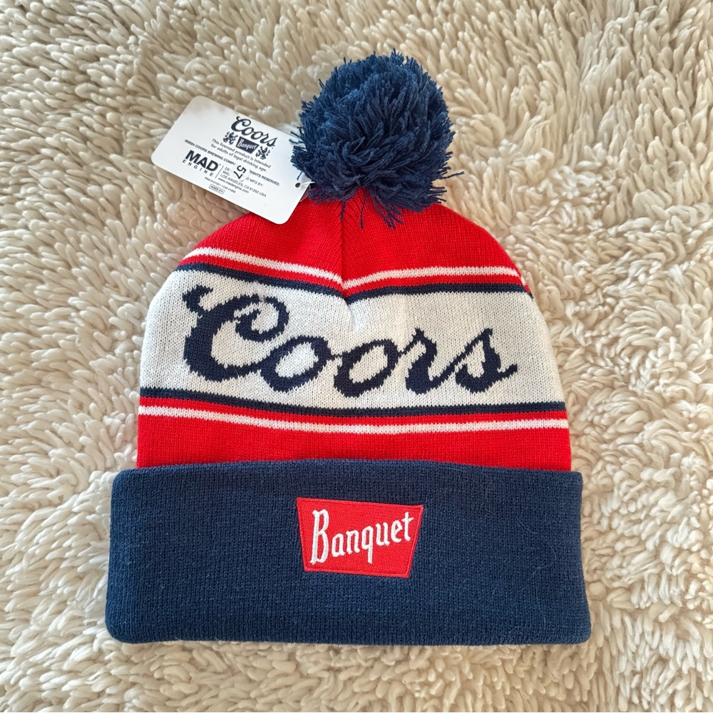 Coors Banquet Red White Blue Winter Knit Logo Pom Beanie Hat NWT